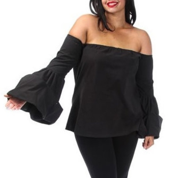 Tops - Black Off Shoulder Puff Bell Sleeve Shirt Blouse